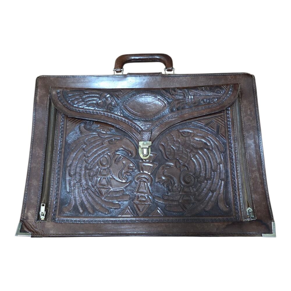 Vintage Mexican Hand Tooled Leather Briefcase Aztec Warrior Eagle Calendar Brown